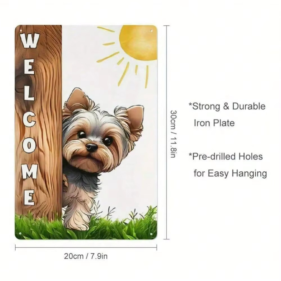 Willkommensschild CIFBUY aus Metall mit Yorkshire Terrier Welpe im rustikalen Holzzaun-Design, mehrfarbig - Bild 3