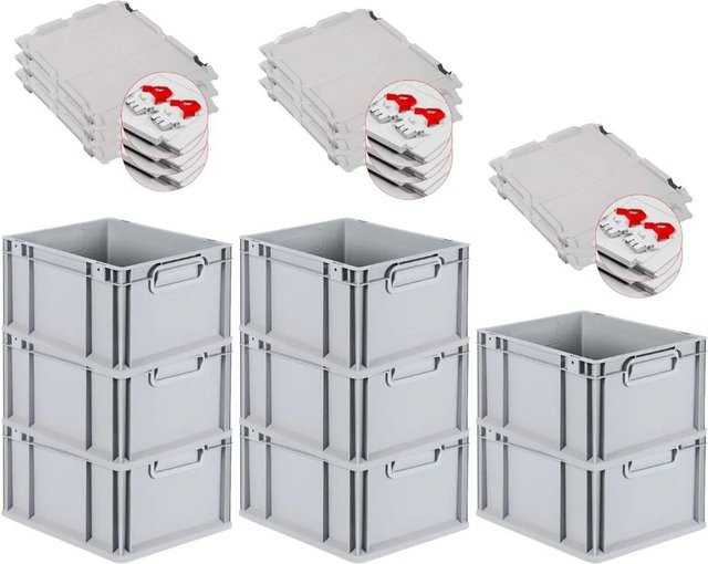 PROREGAL SuperSparSet 8x Eurobox NextGen Grip mit Scharnierdeckel und roten Schiebeschnappverschlüssen, Grau, H: 22 cm, B: 30 cm, T: 40 cm - Bild 1