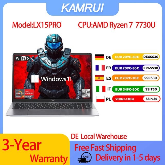 KAMRUI Gaming-Laptop 15,6 Zoll mit AMD Ryzen 7 7730U, 16GB RAM, 512GB SSD, Windows 11 und WiFi 6 - Bild 1