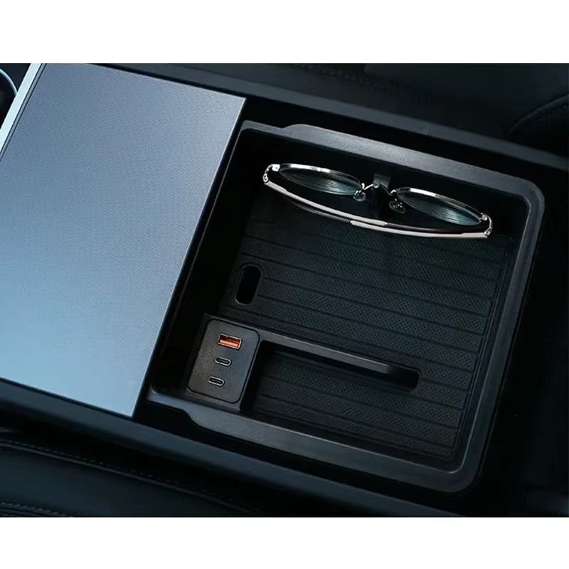 Beworth Mittelkonsole Armlehnen-Aufbewahrungsbox für Tesla Model Y Juniper 2025 und Highland mit USB Typ-C Ladehub und Brillenclip, Schwarz - Bild 4