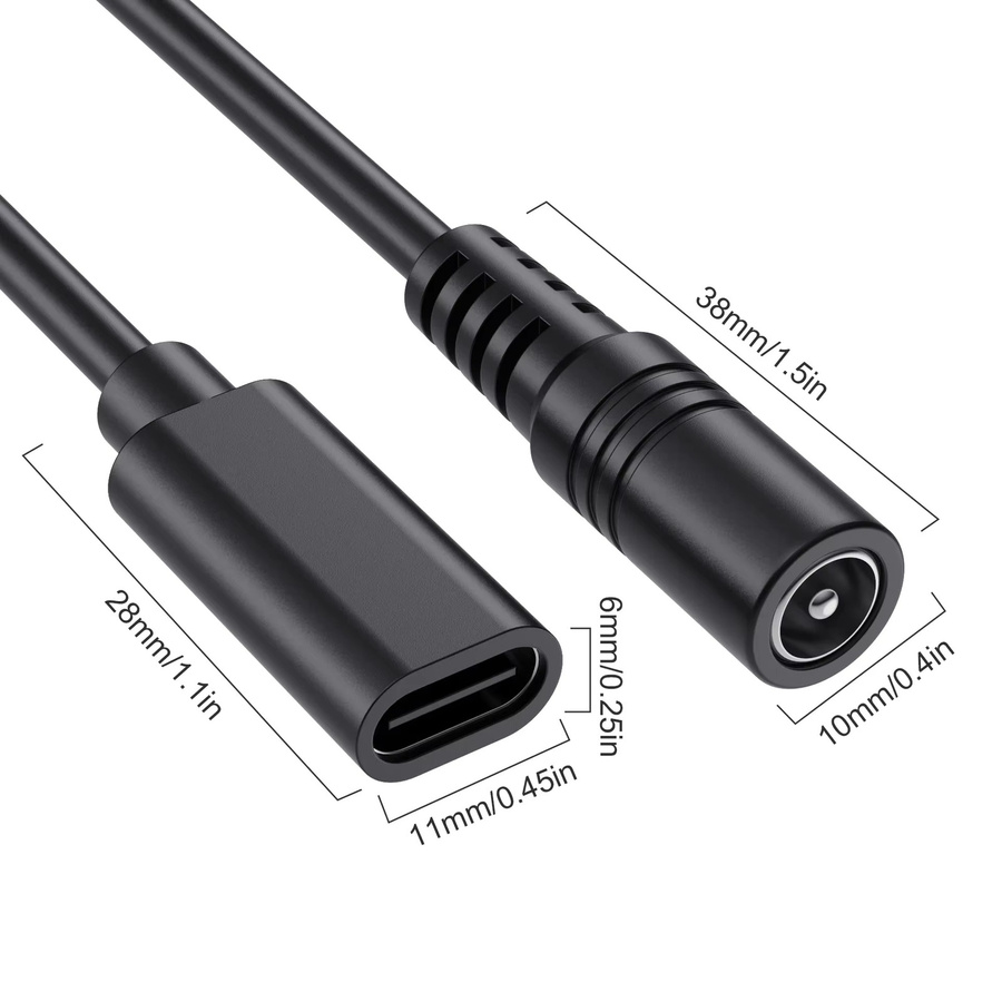 BSN Stromverlängerungskabel mit USB-C-Buchse und 5,5 x 2,1 mm Stecker, Ladeadapterkabel für 5–24 V, Schwarz - Bild 3