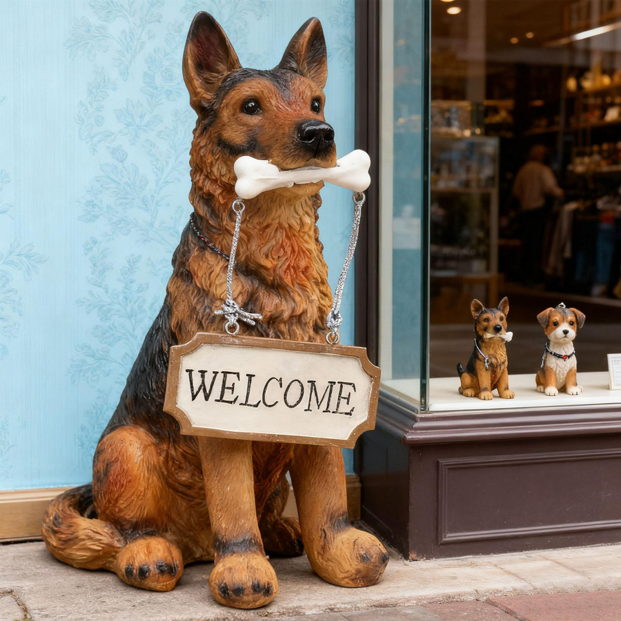 Niedliche Hundestatue mit Willkommensschild aus Harz als Welpen-Skulptur für Garten, Rasen, Hof oder Balkon - Bild 3