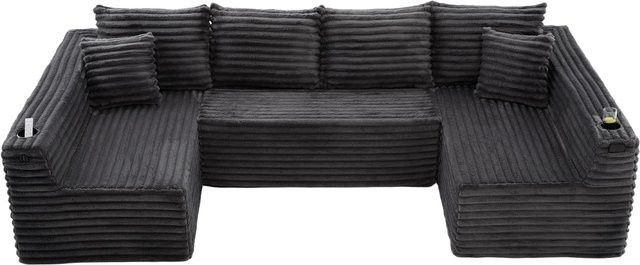GOMYWAY Home U-förmiges Cord-Sofa in Dunkelgrau mit integriertem Getränkehalter und Seitentaschen, Federkernpolsterung, B: 320 cm, T: 155 cm, H: 88 cm - Bild 1