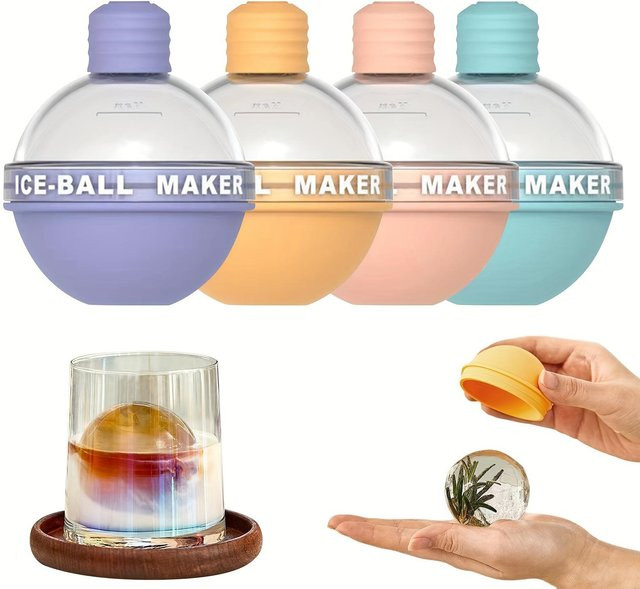 4 Stück Silikon Eiskugelformen für Whisky und Cocktails, runde Eisballformen, Durchmesser: 6,35 cm, Mehrfarbig - Bild 1