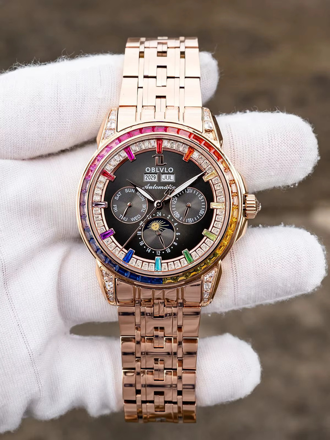 OBLVLO Armbanduhr Mechanisch, Mondphase, Edelstahl, Roségold, Herren - Bild 6