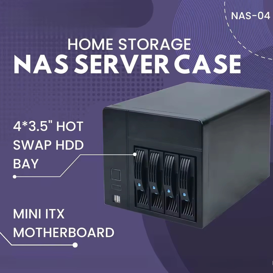NAS-04 Mini-ITX NAS-Gehäuse für Home Storage Server mit 4x 3,5 Zoll Hot-Swap HDD und 2,5 Zoll SSD, Schwarz - Bild 3