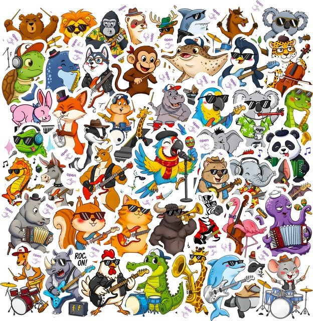 50 bis 100 kreative Graffiti Aufkleber mit Tier- und Musikmotiven in Multicolour für DIY Notebook und Schreibwaren - Bild 1