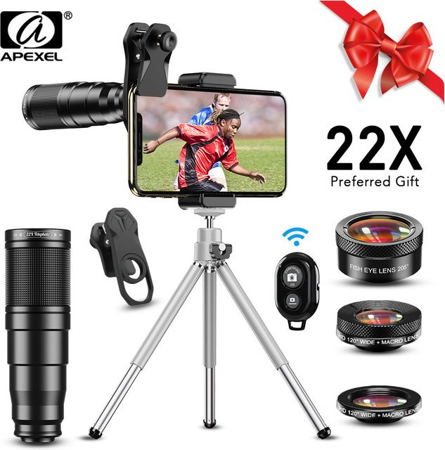 APEXEL 4in1 Kamera Objektiv Kit für iPhone und Samsung mit 22X Teleskop Zoom, Makro, Weitwinkel und Fisheye Objektiven inklusive Stativ und Fernbedienung, Schwarz - Bild 1