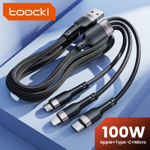 Toocki 3 in 1 USB Ladekabel mit 100W und 6A für USB-C und Micro-USB in Schwarz oder Grau - Bild 1