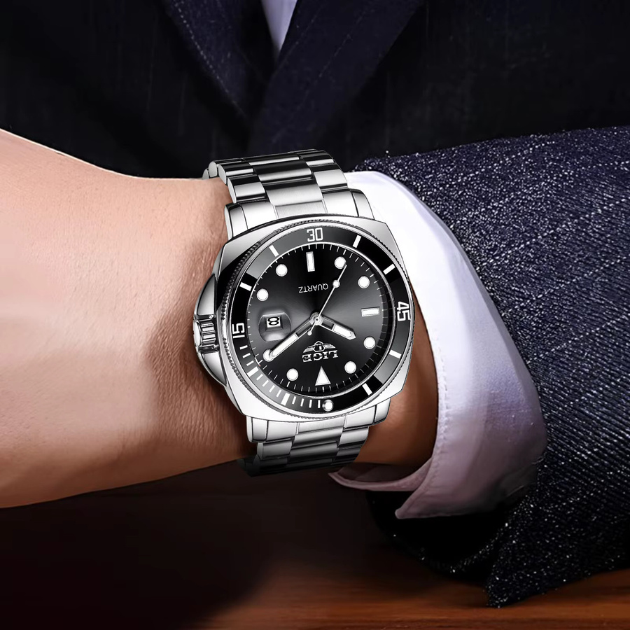 LIGE Armbanduhr Edelstahl, Quarz, Datum, Herren, Schwarz, Silber - Bild 5