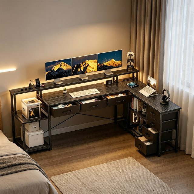 ThomP L-förmiger Eckschreibtisch mit Monitorständer, LED-Beleuchtung und Steckdosen in Braun, Beige und Grau - Bild 1
