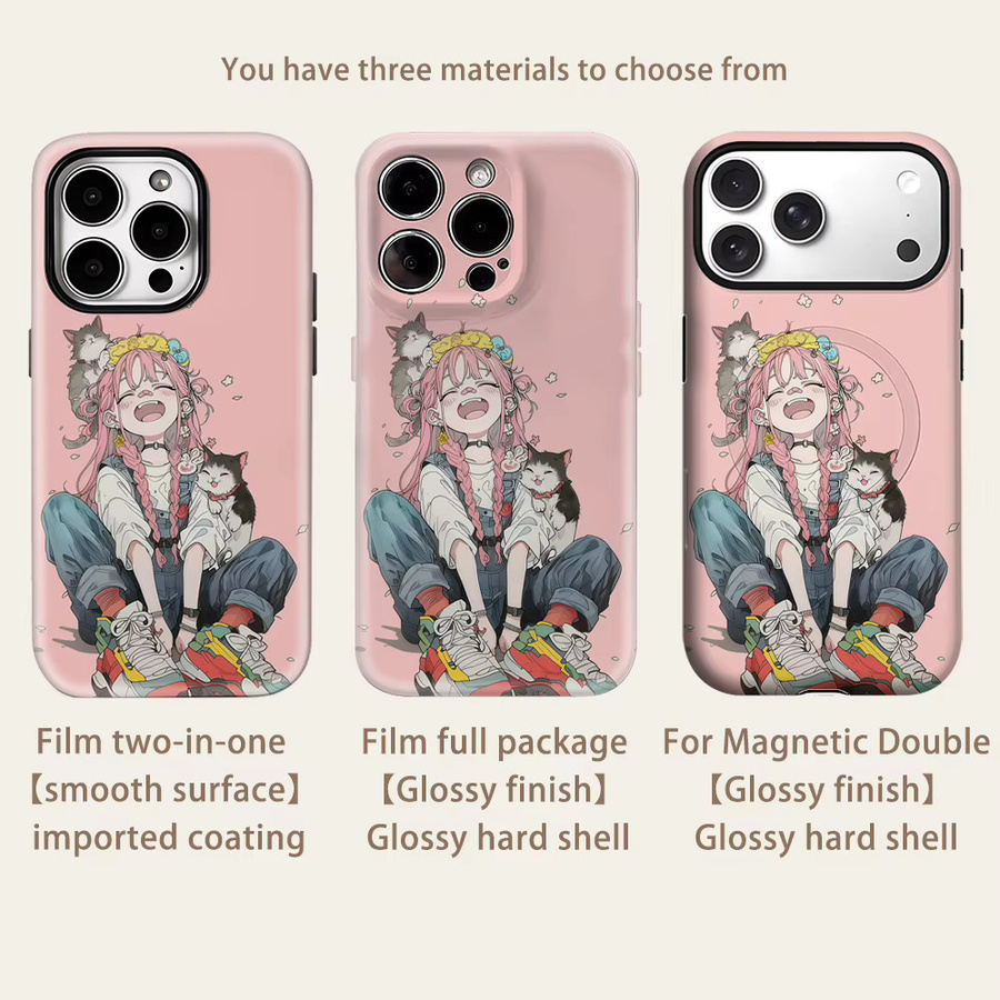 Potdemiel Handyhülle mit Rosahaarigem Mädchen & Katze für iPhone 17 16 15 14 13 Pro Max Plus, Magnetische Robuste Einzel- und Doppelschicht Hülle, Pink - Bild 2