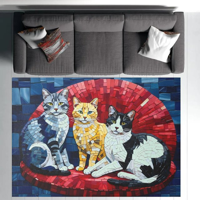 Vintage Teppich mit Katzen- und Mosaik-Design in Multicolour für Wohnzimmer und Schlafzimmer - Bild 1