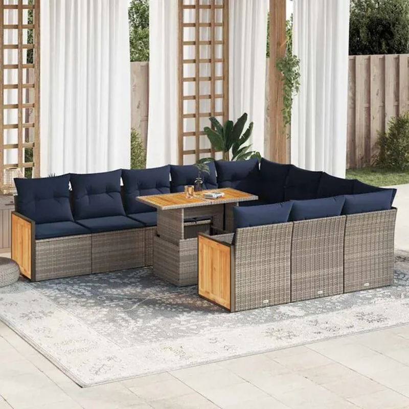 11-teilige moderne Garten-Sofagarnitur aus Poly-Rattan und Akazienholz in Grau mit Kissen von vidaxl - Bild 1