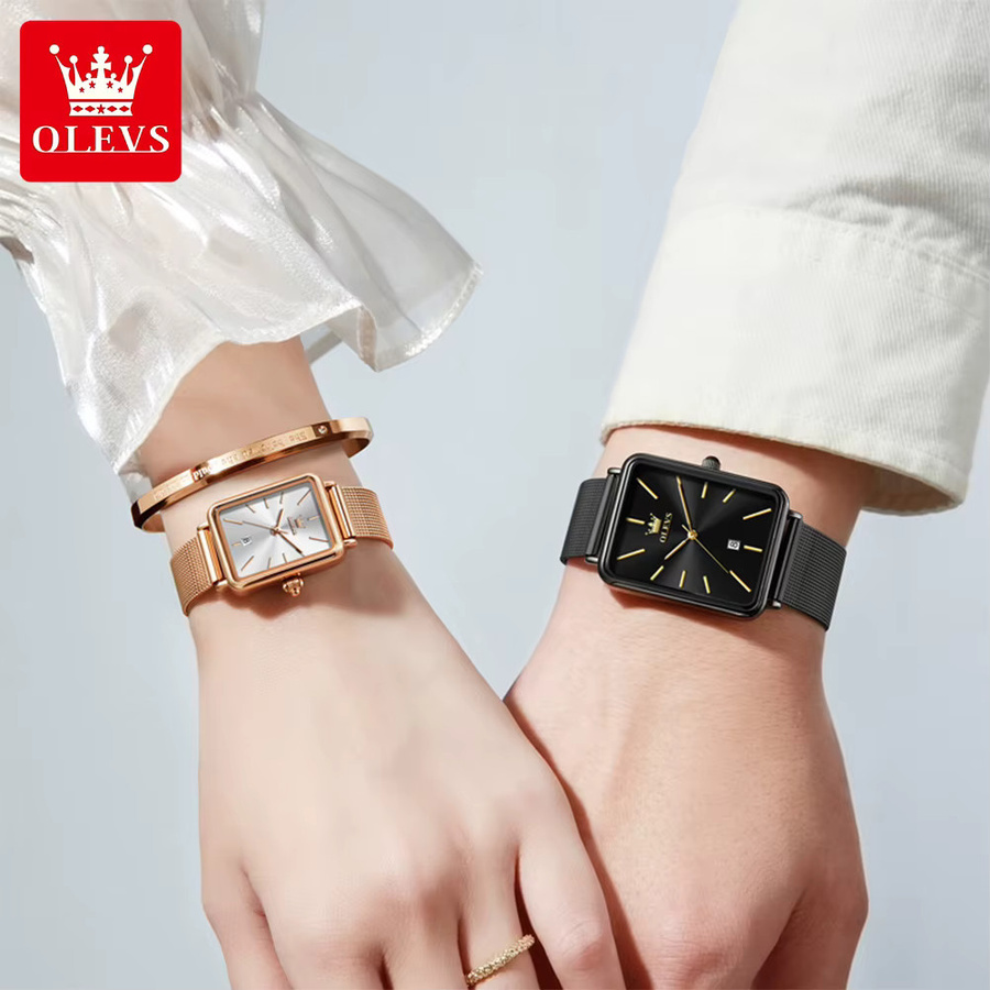 OLEVS Armbanduhr, Quarz, eckig, Roségold, Schwarz, Milanaise, Datum - Bild 3