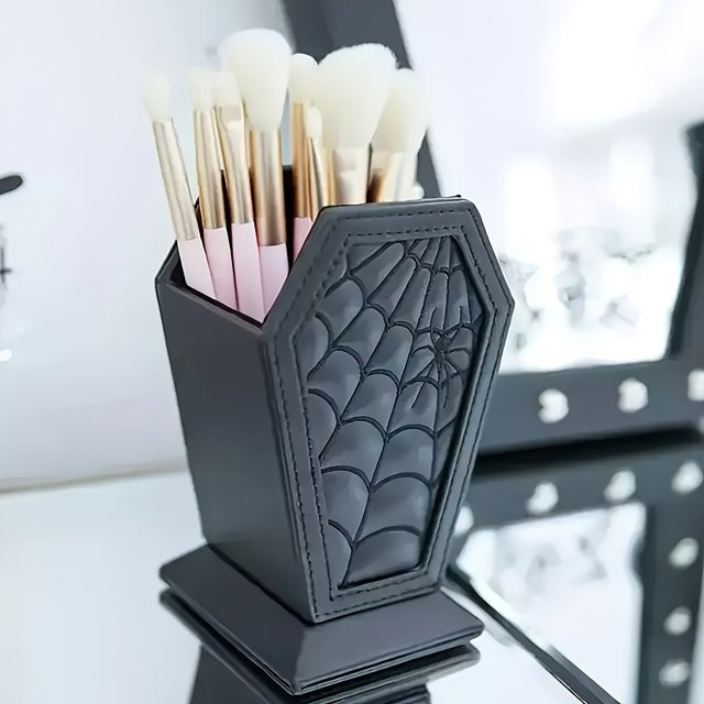 Gotischer Make-up-Pinselhalter in Sargform mit Spinnennetz-Design, schwarzer Schreibtisch-Organizer aus Kunststoff für Waschtisch oder Büro - Bild 1
