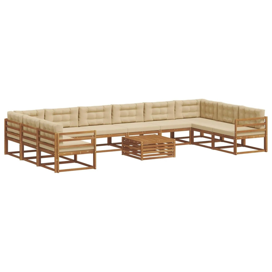 vidaXL Outdoor-Sofagarnitur aus Akazienholz in U-Form, 11-teiliges Set in Natur und Beige mit wetterfesten Kissen - Bild 2