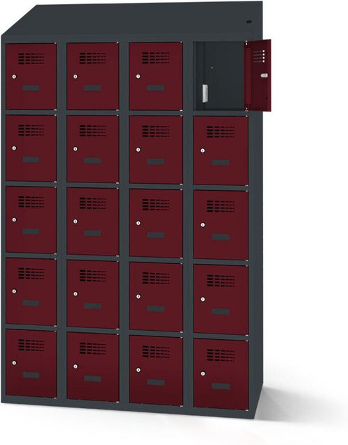 rotstahl Fächerschrank mit Ladefunktion und 20 Fächern in Bordeaux mit anthrazitgrauem Korpus, B: 120 cm, H: 200 cm - Bild 1