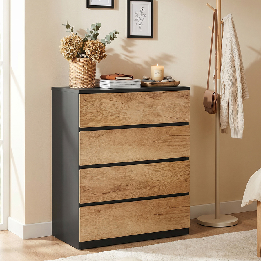 HOMCOM Kommode mit 4 Schubladen aus Holz in Schwarz und Eiche, B/T/H: 60 x 39 x 80 cm - Bild 2