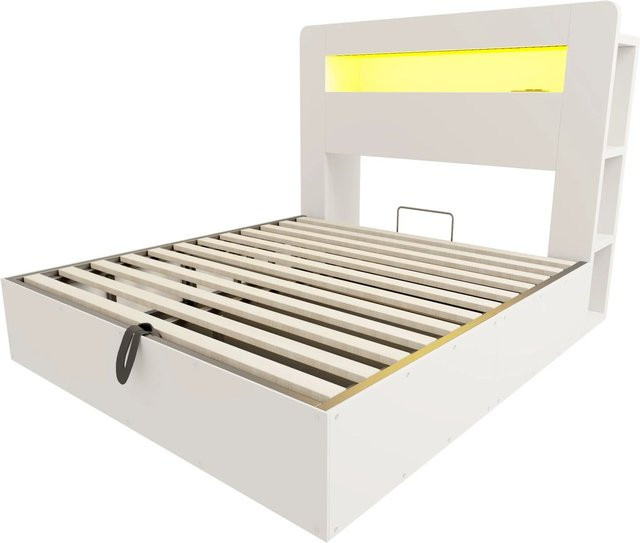 Merax Plattformbett mit Hydraulik, LED-Unterbettbeleuchtung und USB-Ladeport in Weiß, B/T/H: 140 x 200 x 107 cm - Bild 1