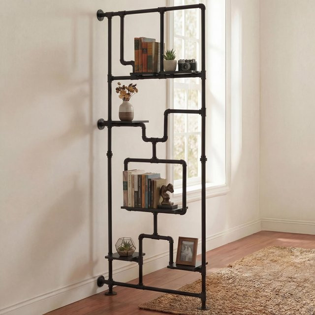 Raumteiler mit Regal MCW-P10 in Industrial Design aus Metall und Melamin, schwarz, H: 203 cm, B: 80 cm, T: 20 cm - Bild 1