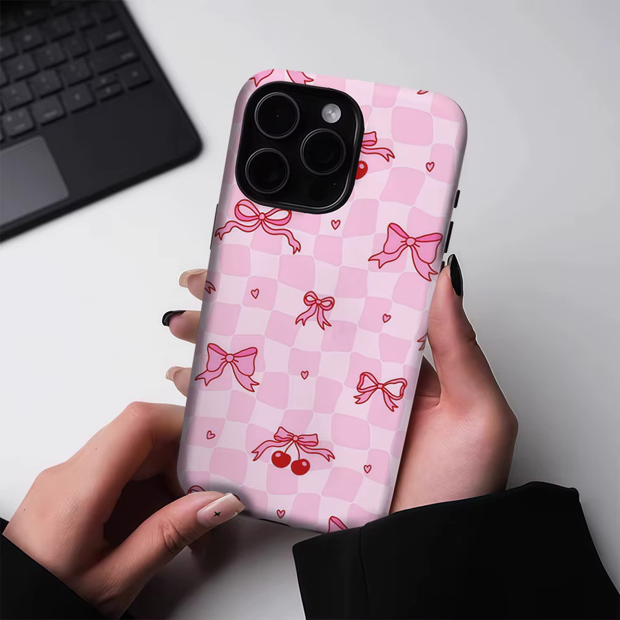 Potdemiel Blush Checkerboard Bow Handyhülle für iPhone 17 16 15 14 13 Pro Max Plus, magnetische robuste Doppel-Schicht-Hülle, Pink - Bild 2
