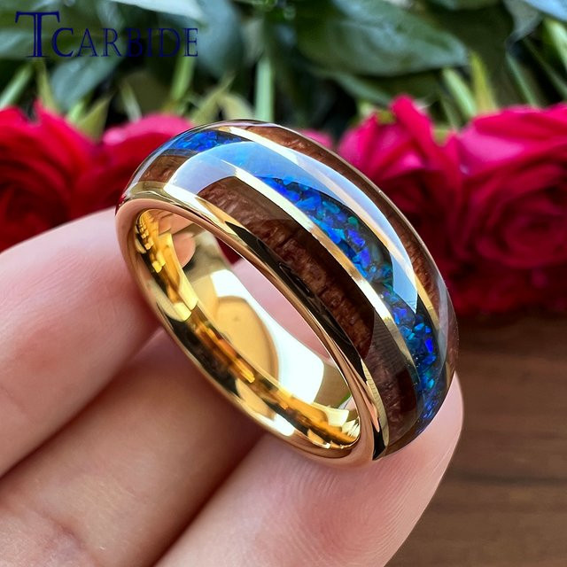 TCarbide Ring Wolfram, Gold, Opal, Holz Inlay, 8mm - Bild 1