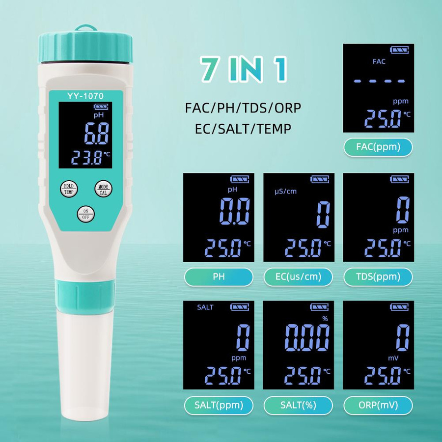 Kkmoon 7-in-1 Digitaler Wasserqualitätsmonitor zur Messung von Chlor, pH-Wert, TDS, Salz, ORP, FAC, EC und Temperatur, Mehrfarbig - Bild 4