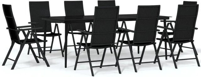 vidaXL 9-teilige Garten-Essgruppe aus pulverbeschichtetem Stahl und gehärtetem Glas in Schwarz - Bild 1