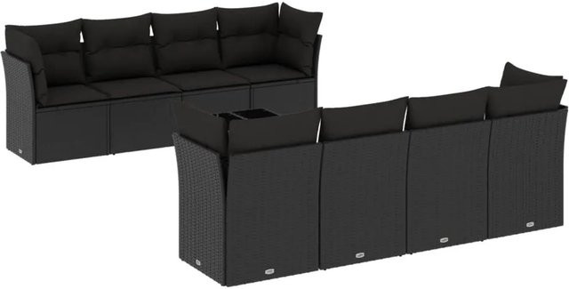 vidaXL 9-teilige Garten-Sofagarnitur in L-Form aus schwarzem Poly-Rattan mit Kissen und Stauraum - Bild 1