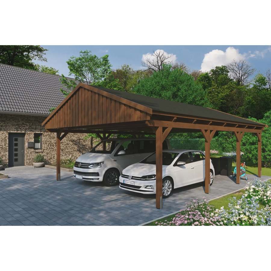 Skan Holz Carport Fichtelberg aus Fichte in Nussbaum Braun mit spitzer Dachform und schwarzen Dachschindeln, B/T: 618 x 808 cm, Höhe: 362 cm - Bild 2