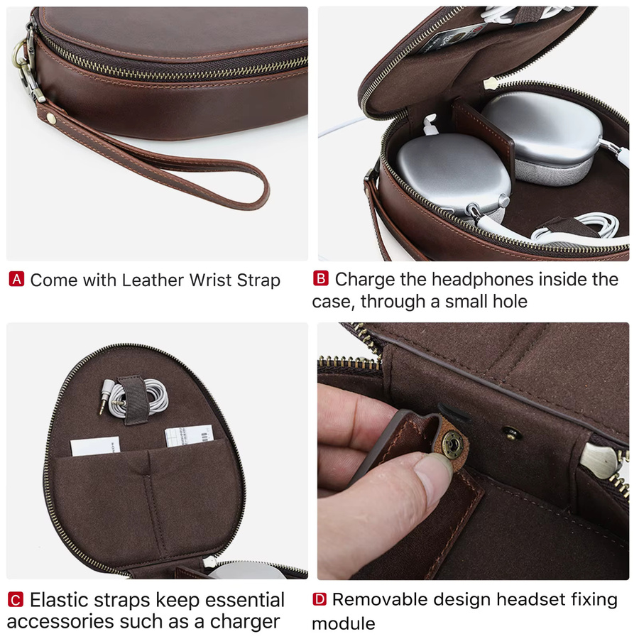 Echtledertasche in Braun für Apple AirPods Max und Sony WH-1000 XM4 XM5 XM6 Kopfhörer, Reise-Tragetasche und Schutzhülle - Bild 2