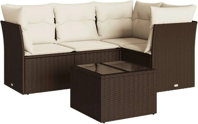 vidaXL 5-tlg. Garten-Sofagarnitur in L-Form aus Polyrattan mit Kissen, Braun - Bild 1