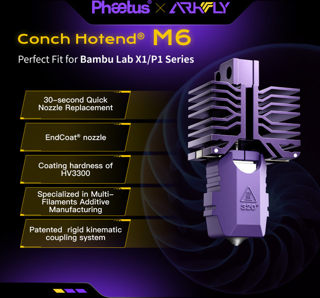 Phaetus x Arkfly Conch Hotend M6 EndCoat Düse in Lila, abnehmbar und V6 kompatibel für Bambu Lab X1 und P1 Serie 3D-Drucker - Bild 1