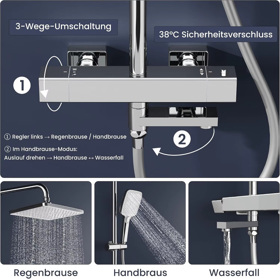 PPA Wasserweg Duschsystem mit Thermostat und Regendusche in Schwarz/Chrom inklusive Handbrause und Verbrühungsschutz, Breite: 30 cm - Bild 3