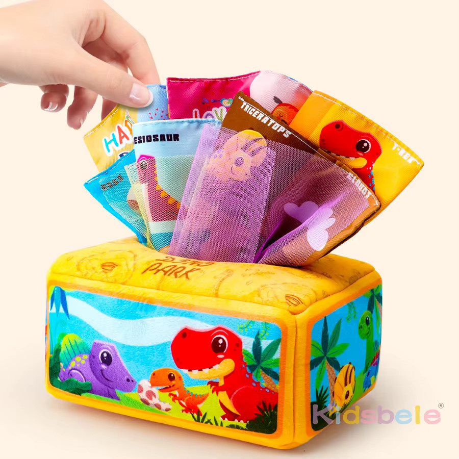 Kidsbele Baby-Taschentuchbox aus Plüsch als Montessori Lernspielzeug mit sensorischem Knisterpapier in Mehrfarbig für Kleinkinder - Bild 2