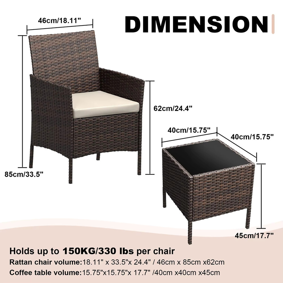 3-teiliges HiMISS Outdoor-Bistro-Set aus Polyrattan mit Glas-Couchtisch und gepolsterten Kissen in Schwarz und Beige - Bild 2