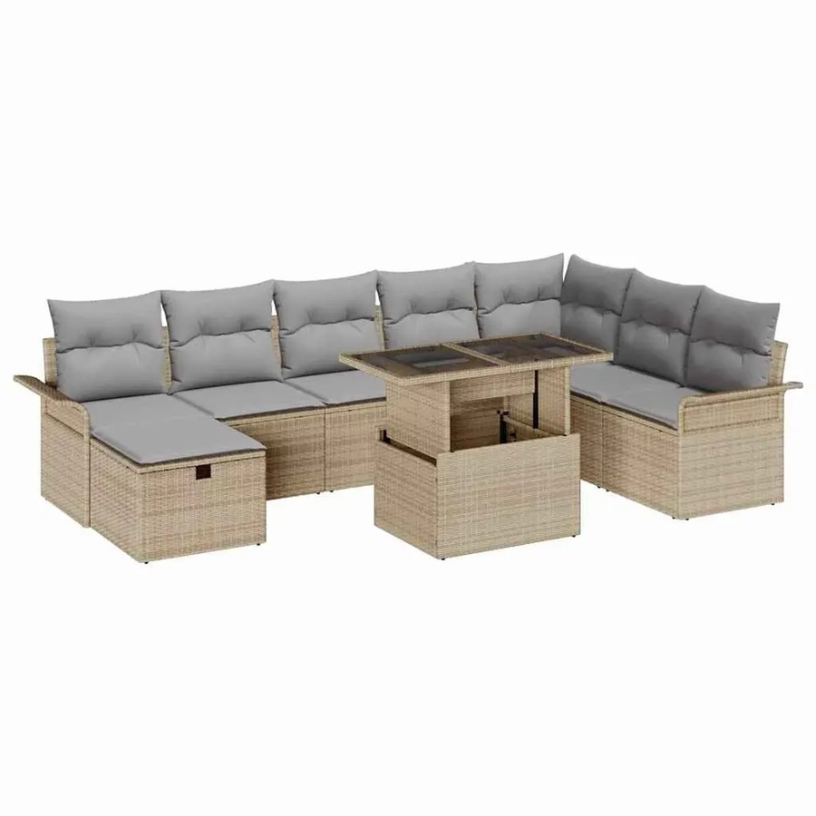 vidaXL Garten-Sofa-Set aus Polyrattan in Beige, 9-teiliges L-Shape Lounge-Set mit Kissen, Ottoman und Couchtisch inklusive integriertem Kissen-Stauraum - Bild 2