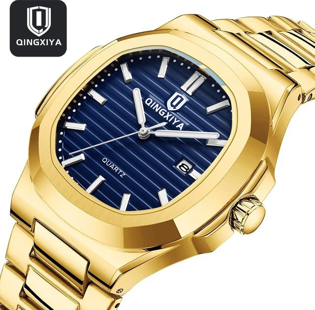 QINGXIYA Armbanduhr Quarz, Edelstahl, Gold, Eckig, Herren - Bild 1