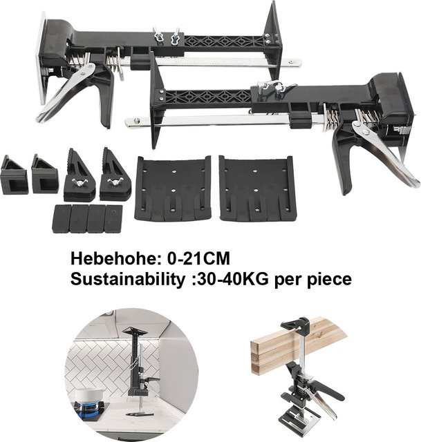 2 Stück Schrank-Hebewerkzeug aus Edelstahl in Schwarz, höhenverstellbar von 0 bis 23 cm, Tragkraft 50 bis 70 kg, Montagehalterung für die Installation von Wandschränken - Bild 1