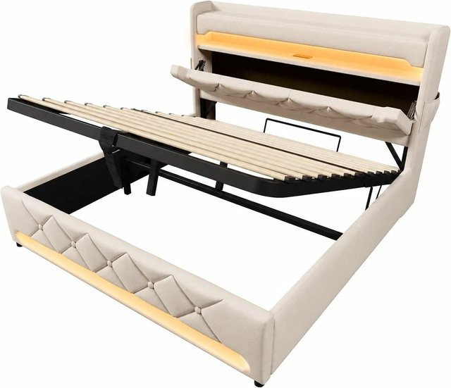 okwish Polsterbett Beige mit LED-Beleuchtung, USB-Anschluss und Bettablage, B/T/H: 140 x 190 x 146 cm - Bild 1
