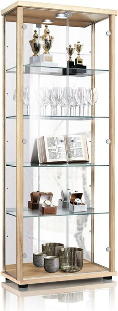 K-Möbel Glas Vitrinenschrank 2-Türig in Buche mit LED-Beleuchtung, Spiegel und Schloss, H x B x T: 176 x 67 x 33 cm - Bild 1