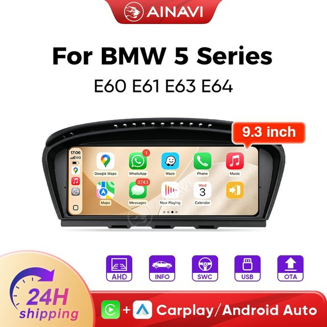 AINAVI Autoradio mit 9,3 Zoll HD IPS Touchscreen für BMW 5er E60 E61 E62 E63 und 3er E90 E91 E92 E93 mit kabellosem Carplay, Android Auto und Bluetooth in Schwarz - Bild 1