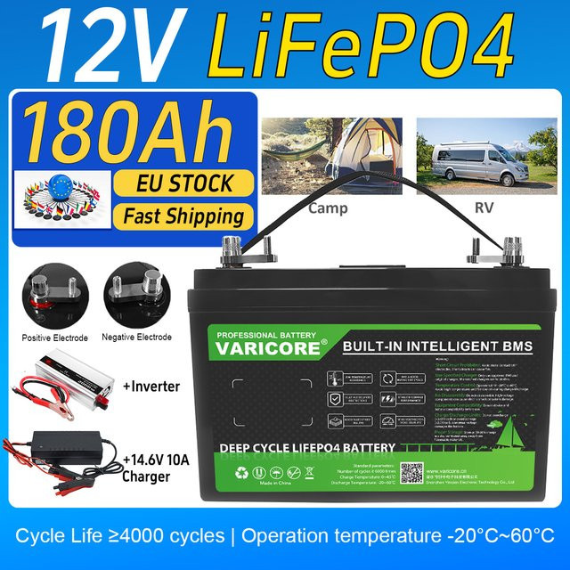 VariCore 12V 180Ah LiFePO4 Lithium-Eisenphosphat-Batterie mit Kupferanschlüssen in Schwarz inklusive Ladegerät und Wechselrichter - Bild 1