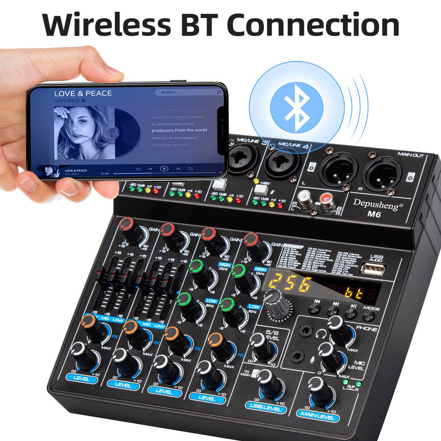 Depusheng M6 6-Kanal-Tonmischpult mit Bluetooth und USB-Aufnahme, Schwarz, inklusive 48V Phantomspeisung und Delay-Repeat-Effekt - Bild 3