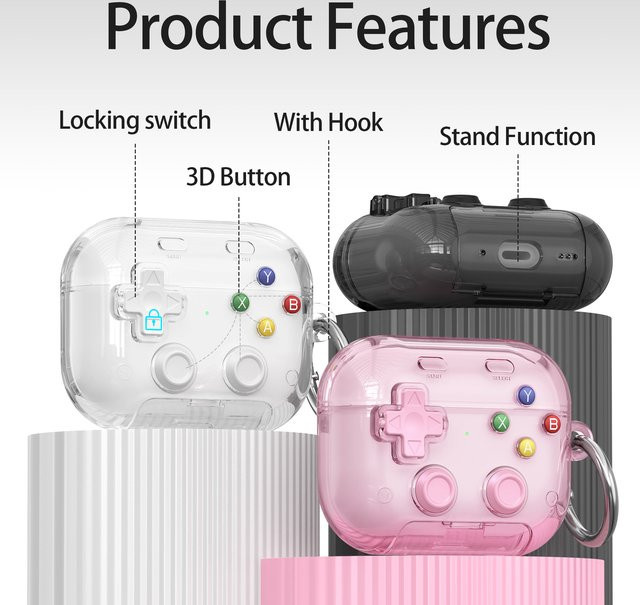 Schutzhülle im Spielkonsolen-Design für Apple AirPods Pro, AirPods 3, 2, 1 und AirPods 4 in Lila mit Sicherheitsverschluss - Bild 1