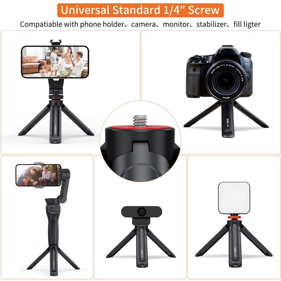 Uurig TP-05 Mini Stativ Schwarz, höhenverstellbares Tischstativ mit 1/4 Zoll Schraube für Kugelkopf, Telefonklemme und spiegellose Kamera - Bild 3