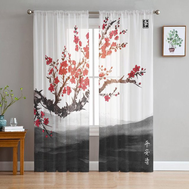 Transparente Tüll-Vorhänge im chinesischen Stil mit Kirschblüten-Blumenmalerei, Farbe Weiß, B: 135 cm, H: 115 cm - Bild 1