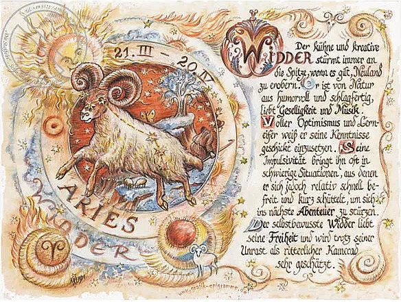 Vintage Poster Sternbild Widder auf Antikpapier im A4-Format, Mehrfarbig - Bild 1