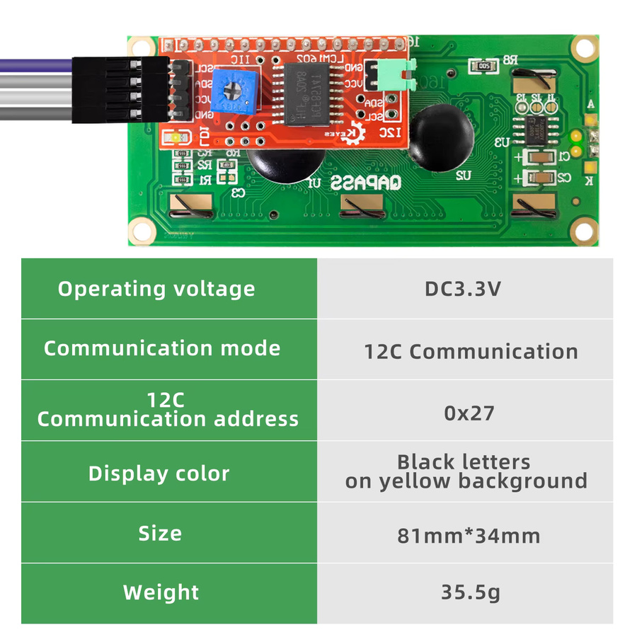 Keyes LCD1602 I2C Modul 16x2 Zeichen Display mit gelb-grüner Hintergrundbeleuchtung für Arduino Projekte - Bild 3